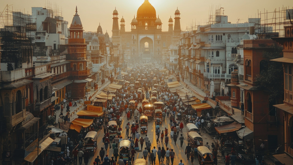rue passante d'une ville indienne au coucher de soleil